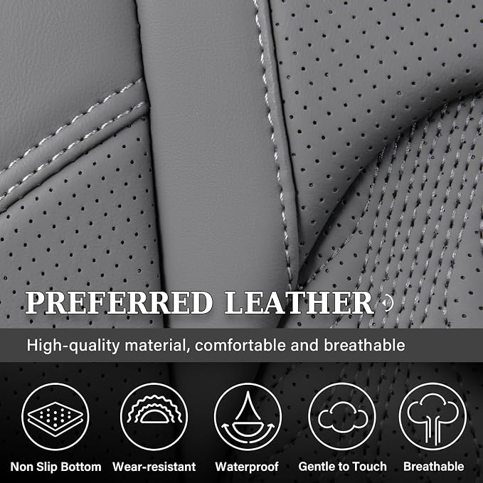 Coverado RAM Seat Covers Full Set, Waterproof Leather Car Seat Covers, Protective Seat Cushions Truck Pickup Custom Fit 2002-2025 Dodge Ram 1500 2500 3500, Gray