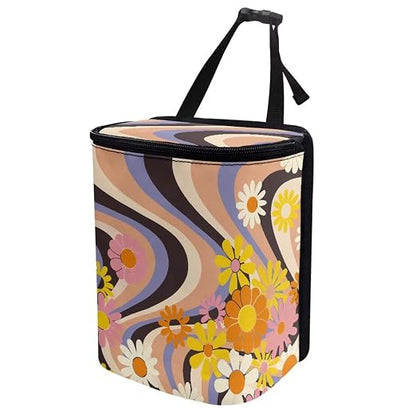 Boho Flower Hippie Daisy 70S 80S Wavy Swirl Y2K Aesthetic Car Accessories for Women Car Trash Can for Back of Seat Leak Proof Garbage Can with Lid and Zipper Collapsible Trash Bin Hanging