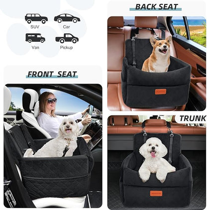 HEGGCOOE Small Dog Car Seat, Memory Foam Dog Booster Car Seats with Thick Cushion for Medium Dogs Under 35lbs, Detachable Washable Dog Bed for Car, Pet Carseat with Storage Pockets,2 Safety Belts