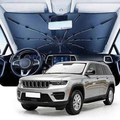 DMJN Umbrella Windshield Sun Shade for Jeep Grand Cherokee (2011-2026), Car Sunshade for Front Windshield [Nano Ice-Crystal Coatings] UPF50+ Heat & UV Block, Protect Interior & Keep Cooler