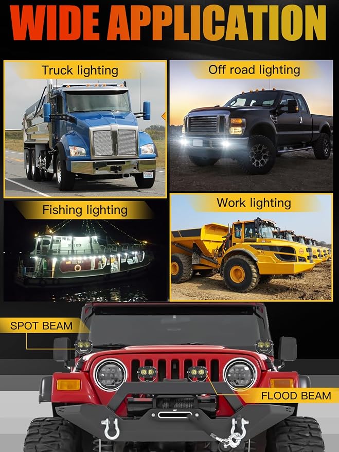 MAYELLO 4 Inch Square LED Pods - 60W White Spot Beam Off Road & Fog Lights - 6500K 10000LM IP68 - Compatible with Jeep Wrangler, Truck, Pickup, ATV, UTV, SUV, Car, Boat