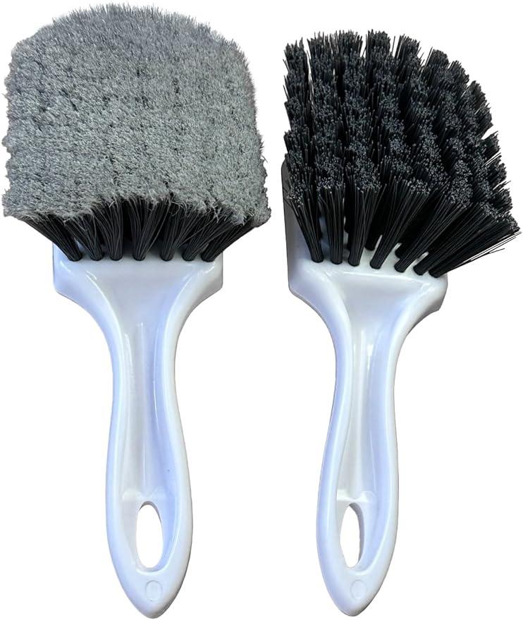 Short Handle Car Wheel and Tire Brush | Auto Detailing Car Wash Brush | Deep Cleaning Brush for Tires, Rims, Wheel Wells, Carpets, and Upholstery | Soft Bristles and Stiff Bristles | Pack of 2