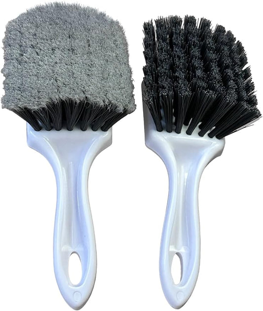 Short Handle Car Wheel and Tire Brush | Auto Detailing Car Wash Brush | Deep Cleaning Brush for Tires, Rims, Wheel Wells, Carpets, and Upholstery | Soft Bristles and Stiff Bristles | Pack of 2