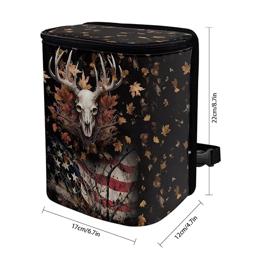 Talayituse Deer Skull American Flag Print Car Trash Can, Portable Auto Garbage Bin Multifunctional Vehicle Interior Accessories with Adjustable Straps Universal Fit Truck SUV Sedan