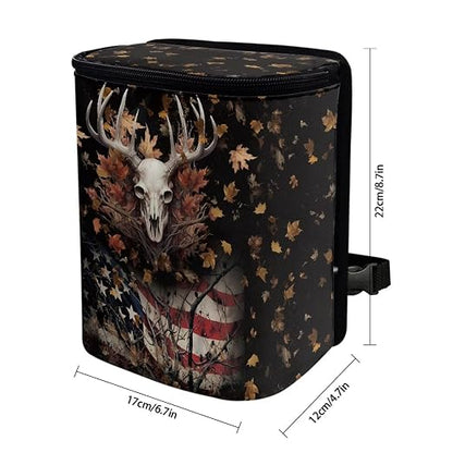 Talayituse Deer Skull American Flag Print Car Trash Can, Portable Auto Garbage Bin Multifunctional Vehicle Interior Accessories with Adjustable Straps Universal Fit Truck SUV Sedan