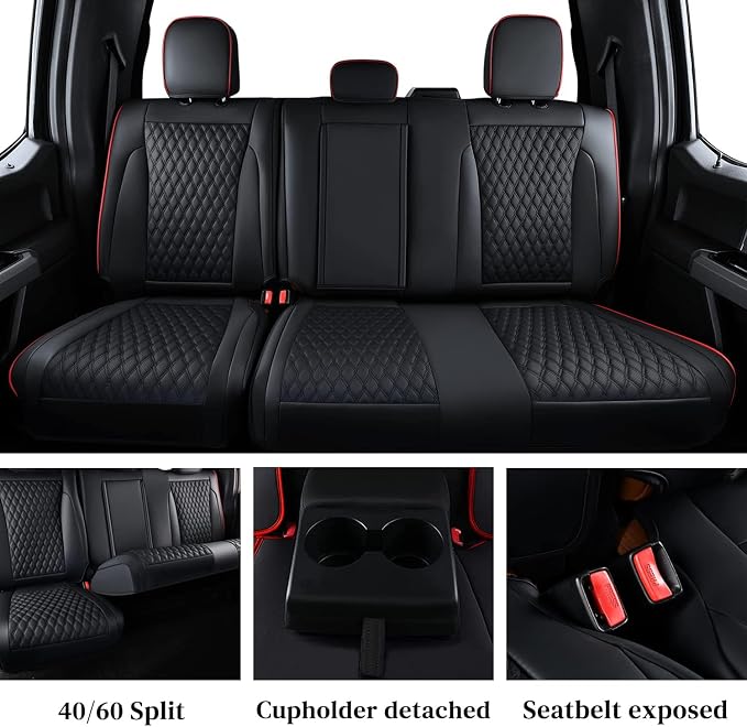 Coverado Full Set Leather Car Seat Covers for F150,Waterproof Automotive Seat Covers for Cars,SUVs,Pickup Trucks,Compatible with 2015-2026 F150 SuperCrew,2017-2026 F250 F350 F450 Crew Cab, Black/Red