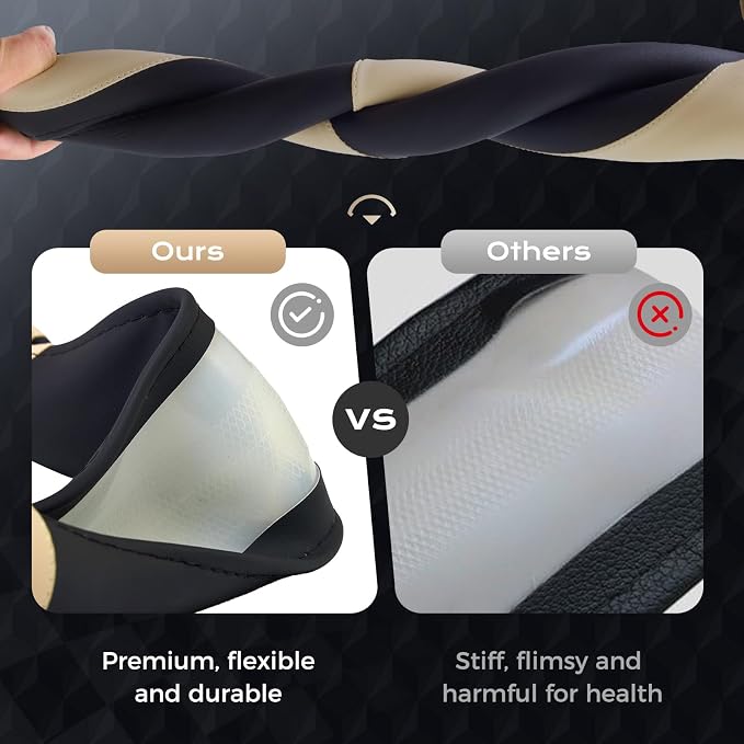Coverado Nappa Leather Steering Wheel Cover Universal 14-15 Inch Anti-Slip Breathable Steering Wheel Protector Luxury Auto Decor for Men Women Black Brown