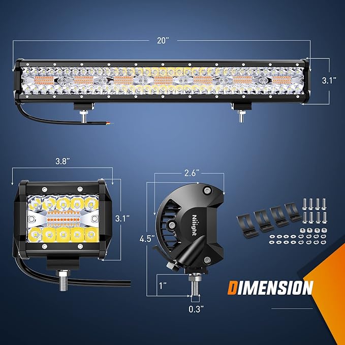 Nilight 20Inch 420W LED Light Bar 2PCS 4Inch 60W Light Pods Amber White Strobe 6 Modes Memory Function Reset Function Off Road Truck with 16AWG Wiring Harness Kit-3 Lead