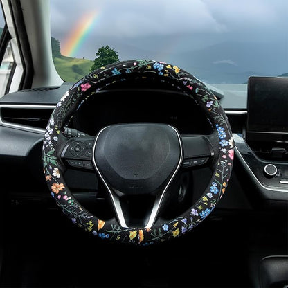 Multicolor Wildflower Steering Wheel Cover Auto Steering Wheel Protector, Anti-Slip, Breathable, Absorbing Sweat, Universal Floral Car Accessories 14.5–15 inch