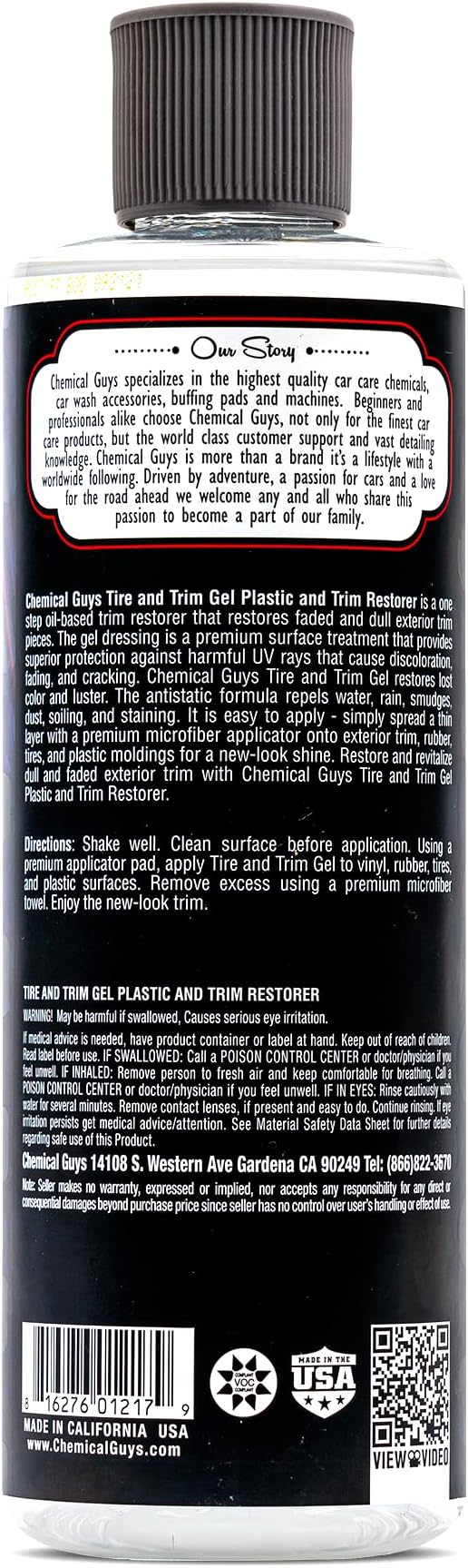 Chemical Guys Tire And Trim Gel For Plastic And Rubber, Restores Faded Tires, Trim, And Bumpers, Enhances Shine And Protection, Safe For Cars, Trucks, SUVs, Motorcycles, RVs & More, 16 Fl Oz
