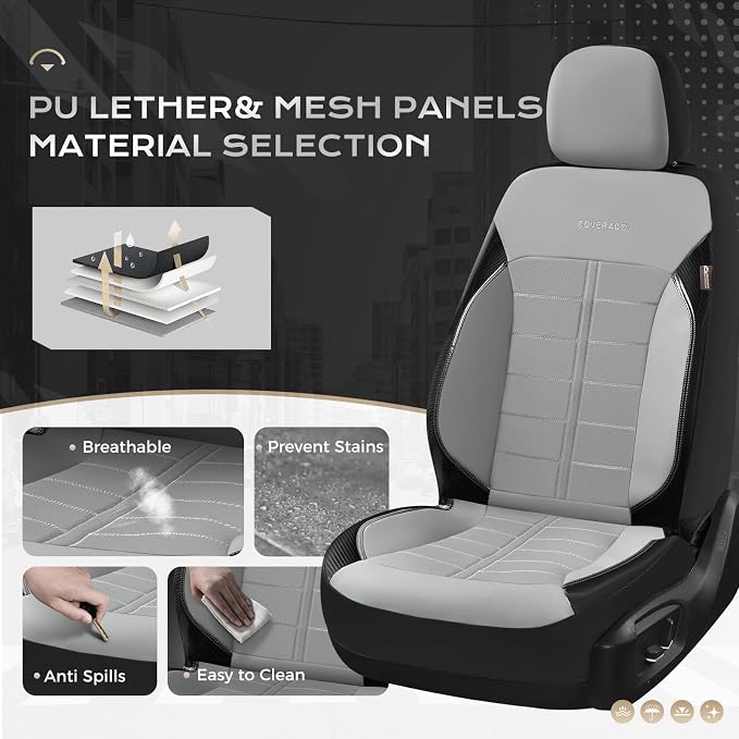 Coverado Full Set Leather Car Seat Covers, Crafted with Full Leather Construction and Carbon Fibre Weave Universal Fit for Most Cars SUV Trucks(Gray