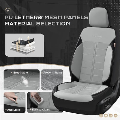 Coverado Full Set Leather Car Seat Covers, Crafted with Full Leather Construction and Carbon Fibre Weave Universal Fit for Most Cars SUV Trucks(Gray