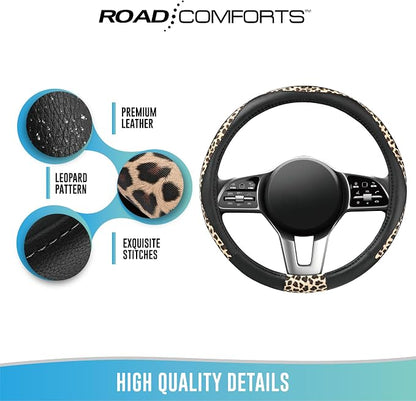 Road Comforts Steering Wheel Cover - Made with PVC Leather and Leopard Fabric - Universal 14 1/2 inches to 15 inches for Most Automotive Steering Wheel - Cheetah Print - Black