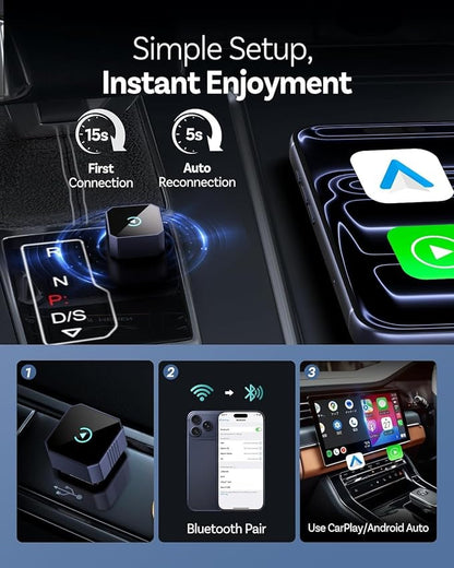 2026 Wireless CarPlay Adapter for iPhone ＆ Android Auto Mini Wired to Wireless Apple Car Play Adapter Plug & Play Compatible for iPhone iOS 10+ Android 11+ with After 2016 Cars