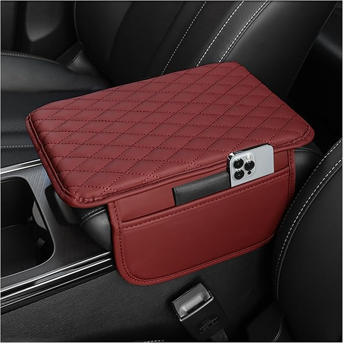 Stacool Upgraded Car Center Console Cover,Microfiber Leather Car Armrest Cover Cushion with 2 Storage Bags,Universal Car Armrest Storage Box (Red)