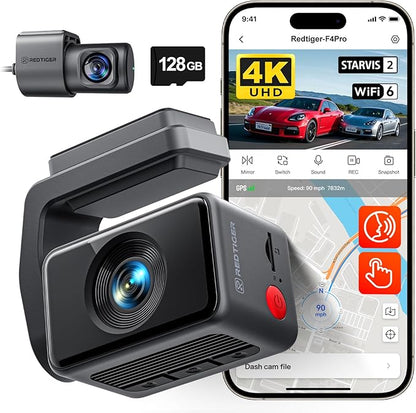 REDTIGER F4 Pro 4K Mini Dash Cam Front and Rear, STARVIS 2 Night Vision, 128GB Card Included, 5.8GHz WiFi 6 Instant Export, 2.2" Touch Screen Dash Camera for Cars, Voice Control, 24H Parking Mode