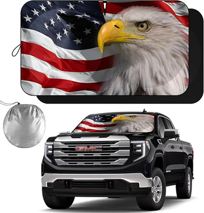 Windshield Sun Shade New American Eagle Flag USA Patriotic Design - Folding Car Front Window Sunshade for Cars SUV Trucks, Max UV Blocking and Keep The Vehicle Cool XL