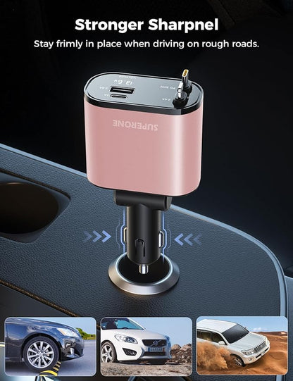 SUPERONE 【Upgraded】 Retractable Car Charger 4 in 1, Fast Car Phone Charger with Cord 2.6ft, USB C Car Charger Adapter, Compatible with iPhone 17/16/15/15 Pro Max/14/13/12/11, Galaxy, Pixel