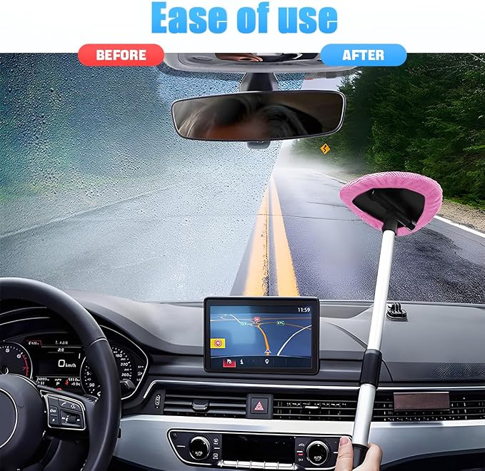 Windshield Cleaning Tool, Car Window Cleaner with Extendable Long Handle and 4 Washable Reusable Microfiber Pads, Auto Interior Exterior Glass Wiper Cleaning Kit Universal for Office and Home (Pink)
