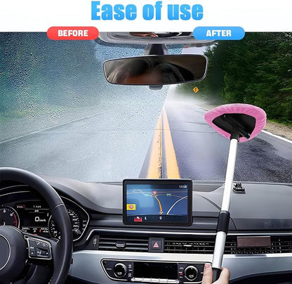 Windshield Cleaning Tool, Car Window Cleaner with Extendable Long Handle and 4 Washable Reusable Microfiber Pads, Auto Interior Exterior Glass Wiper Cleaning Kit Universal for Office and Home (Pink)