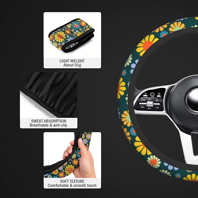 Hippie Flower Steering Wheel Cover, Anti-Slip 15 Inches Car Steering Wheel Cover for Women Men, Neoprene Floral Car Accessories Protective Case for Vehicle Truck SUV