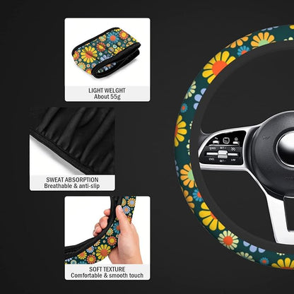 Hippie Flower Steering Wheel Cover, Anti-Slip 15 Inches Car Steering Wheel Cover for Women Men, Neoprene Floral Car Accessories Protective Case for Vehicle Truck SUV