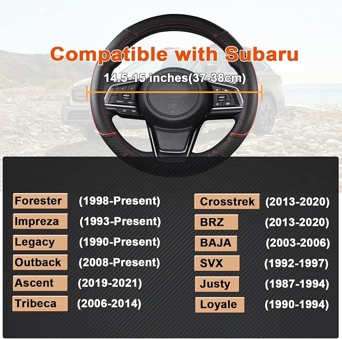 GIANT PANDA Customized Auto Steering Wheel Cover for Subaru Forester, Car Steering Wheel Cover for Subaru Outback and Crosstrek - Black+Red Trim
