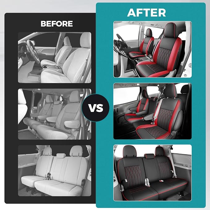 Customized for Toyota Sienna Seat Covers 2011-2020 Sienna 8 Seats 3 Row, Leather Car Seat Covers Waterproof Seat Covers Full Set for Cars, Car Seat Protectors, Airbag Compatible(BlackRed)