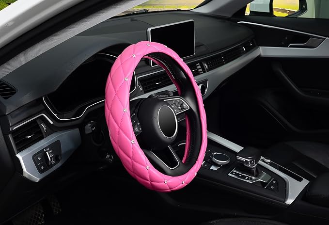 KAFEEK Diamond Leather Steering Wheel Cover with Bling Bling Crystal Rhinestones, Universal 15 inch,Dark Pink