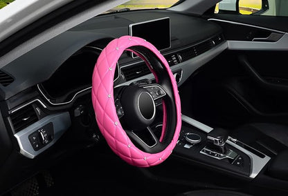 KAFEEK Diamond Leather Steering Wheel Cover with Bling Bling Crystal Rhinestones, Universal 15 inch,Dark Pink