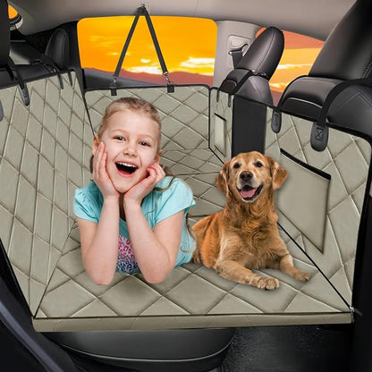 Back Seat Extender for Dogs-Large Space, Dog Car Seat Cover Hard Bottom Holds 420lbs, Sturdy Backseat Extender for Dogs, Upgraded Waterproof Pet Car Bed Dog Hammock for Car SUV, Truck Khaki