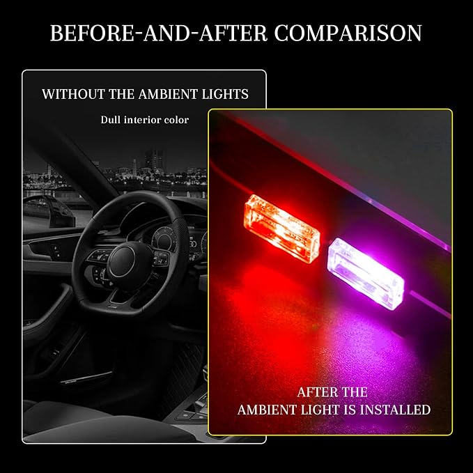 4 PCS USB LED Car Interior Atmosphere Lamp, Portable Mini Auto LED Decor Night Light, Plug-in USB Interface Ambient Lighting Kit, Universal Car Interior Accessories (Red+Purple)