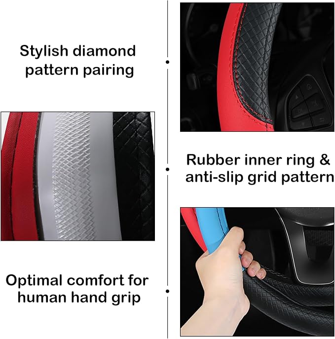 Leather Patchwork Black Red Steering Wheel Cover, 14.5-15 Inch Non-Slip Breathable Microfiber Car Steering Wheel Protector