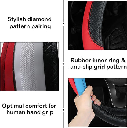 Leather Patchwork Black Red Steering Wheel Cover, 14.5-15 Inch Non-Slip Breathable Microfiber Car Steering Wheel Protector