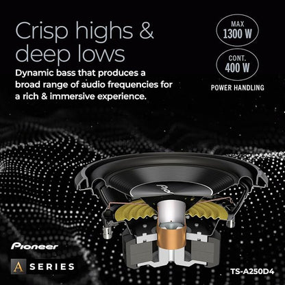 Pioneer A-Series TS-A250D4 10” Subwoofer – 1300W Max, Flexible Wiring, Powerful Bass Output