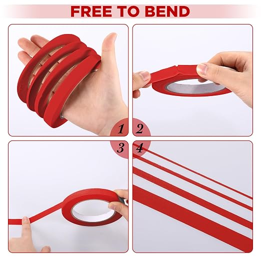 Epakh 4 Pack Painters Tape, Pinstripe Masking Tapes in 1/16, 1/8, 1/4 and 1/2 Inch Wide Suitable for Multi-Surface Automotive DIY Painting Labeling Arts Crafts Car Spray General Purpose(Red,55 yd)