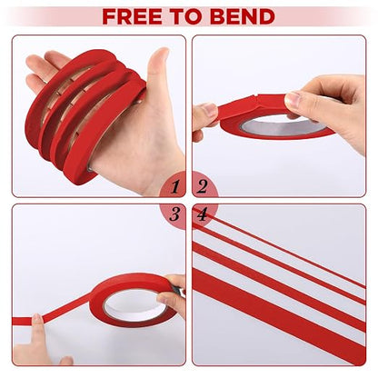 Epakh 4 Pack Painters Tape, Pinstripe Masking Tapes in 1/16, 1/8, 1/4 and 1/2 Inch Wide Suitable for Multi-Surface Automotive DIY Painting Labeling Arts Crafts Car Spray General Purpose(Red,55 yd)