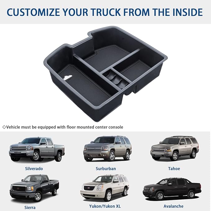 TOPINSTALL Center Console Organizer Compatible with 2007-2014 Chevy Silverado GMC Sierra Avalanche Tahoe Suburban Yukon Yukon XL Accessories, Truck Console Organizer Storage Full Size Tray