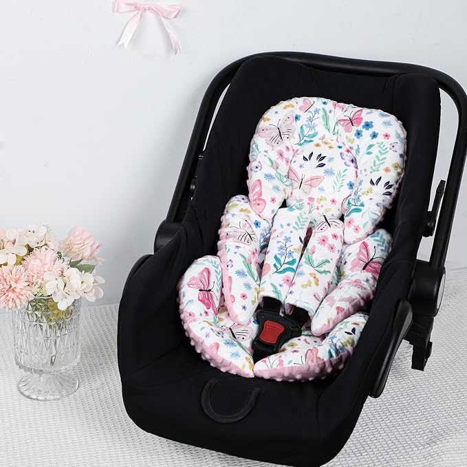 Infant Car Seat Insert Girls, Soft Car Seat Head Support Baby & 2 Strap Pads, Preemie Newborn Carseat Insert Reversible Fits for Stroller, Baby Swing, Rocker, Bassinets, Bouncer, Butterfly
