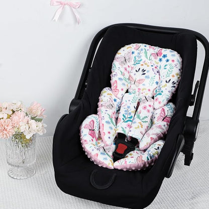 Infant Car Seat Insert Girls, Soft Car Seat Head Support Baby & 2 Strap Pads, Preemie Newborn Carseat Insert Reversible Fits for Stroller, Baby Swing, Rocker, Bassinets, Bouncer, Butterfly