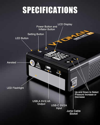 VTOMAN X1 Jump Starter with Air Compressor, Car Battery Jumper Starter (Up to 8.5L Gas/6L Diesel Engine) with 150PSI Auto Tire Inflator, 12V Portable Booster Pack, Lithium Jump Box Charger-Black