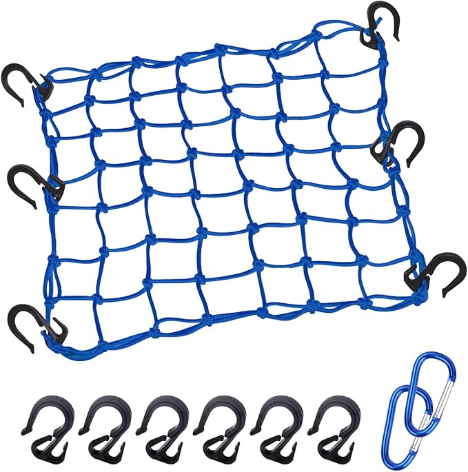 Cargo Net 15"x15" Stretches to 30"x30" with Thicken Hooks | Natural Latex Core, Tight 2”x2” Mesh Small Heavy Duty Bungee Net for Motorcycle Helmet, Bike, ATV, UTV, Luggage (Blue,1 Pack)