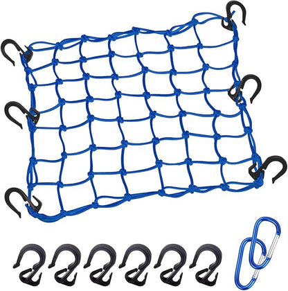 Cargo Net 15"x15" Stretches to 30"x30" with Thicken Hooks | Natural Latex Core, Tight 2”x2” Mesh Small Heavy Duty Bungee Net for Motorcycle Helmet, Bike, ATV, UTV, Luggage (Blue,1 Pack)