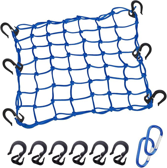 Cargo Net 15"x15" Stretches to 30"x30" with Thicken Hooks | Natural Latex Core, Tight 2”x2” Mesh Small Heavy Duty Bungee Net for Motorcycle Helmet, Bike, ATV, UTV, Luggage (Blue,1 Pack)