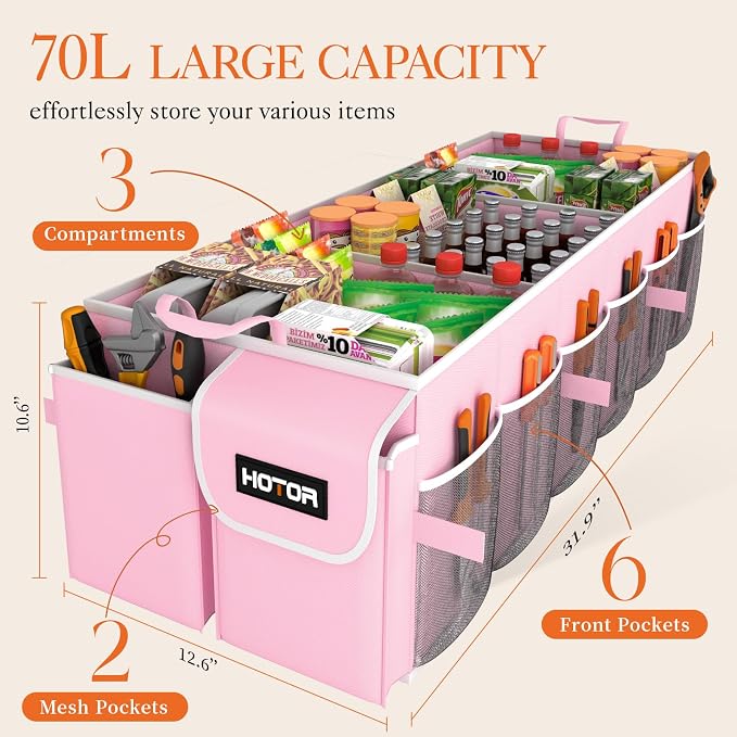 HOTOR Trunk Organizer for suv - Car Organizer, Foldable Trunk organizer for SUVs & Sedans, Sturdy Car Organization for Car Accessories, Tools, Sundries, Pink, 3 Compartments, 31.9"×12.6"×10.6"