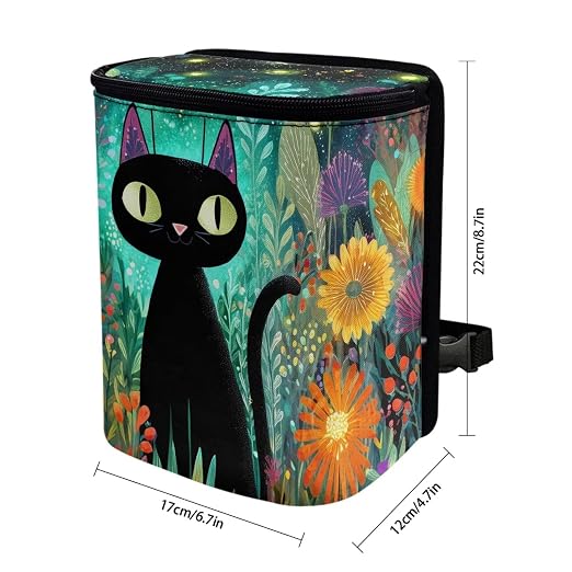 Talayituse Teal Cat Flower Print Car Trash Bin, Large Size Auto Trash Can Adjustable Portable Garbage Can with Lid, Vehicle Hanging Bag for Headrest Front Back Seat