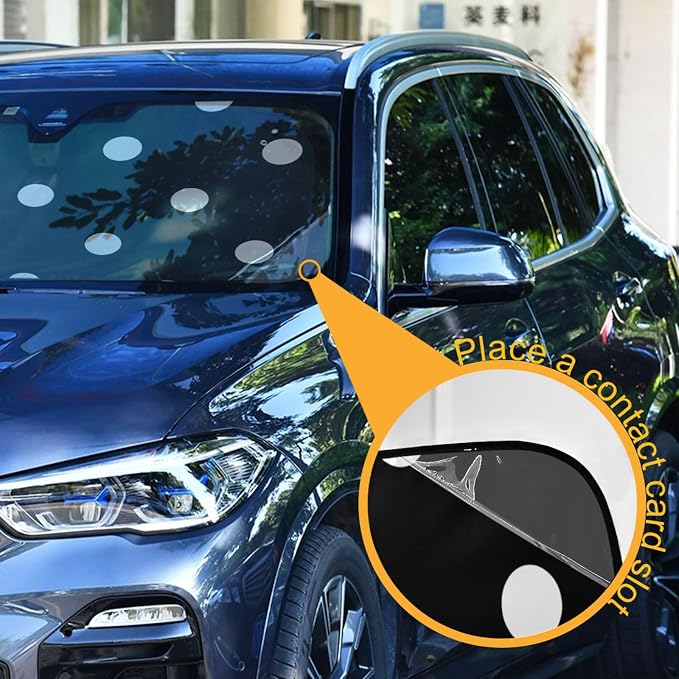 Cars Front Sun Shade Windshield,Foldable Reflective Sun Visor Black Background White Polka Dots Pattern Windshield Sunshade Cover,Blocks UV Ray Sun Protect Interior Keep Cool,53" x 23.5 "