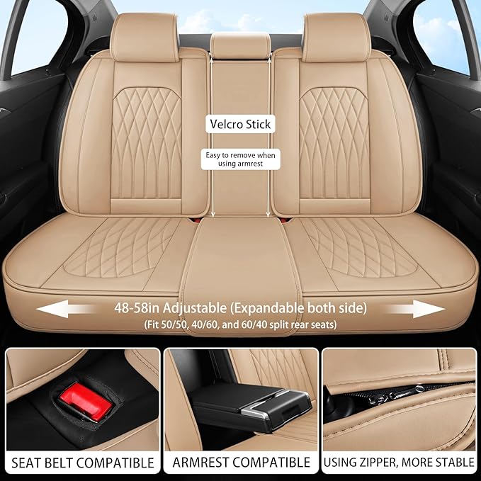 WELLDO Nappa Faux Leather Car Seat Covers Full Set, 5Seats,Beige | Waterproof, Non-Slip Seat Protector, 0.28in Thickened Cushion, Airbag Compatible, Universal for Cars SUV Truck Pickup