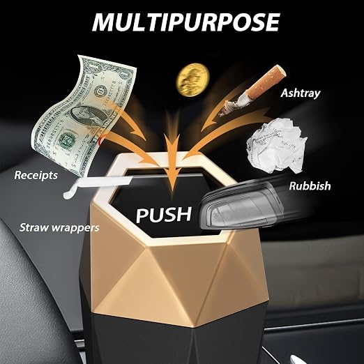 Car Cup Holder Trash Can, Car Trash Can with Lid, Mini Portable Trash Bin for Cars, Small Automatic Garbage Bin, Leakproof Cup Holder Trash Bin for Auto,Home,Office, Car Accessories (2, Gold)
