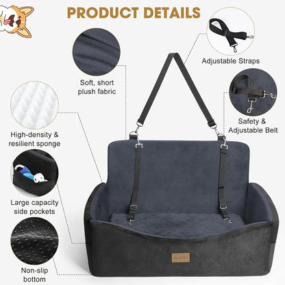 Dog Car Seat for Large Medium Sized Dogs Under 55 lbs, Dog Booster Seat for 2 Small Dogs with Detachable Washable Cover and Cushion, Memory Foam Pet Car Seat with 2 Safety Belts and Storage Pockets